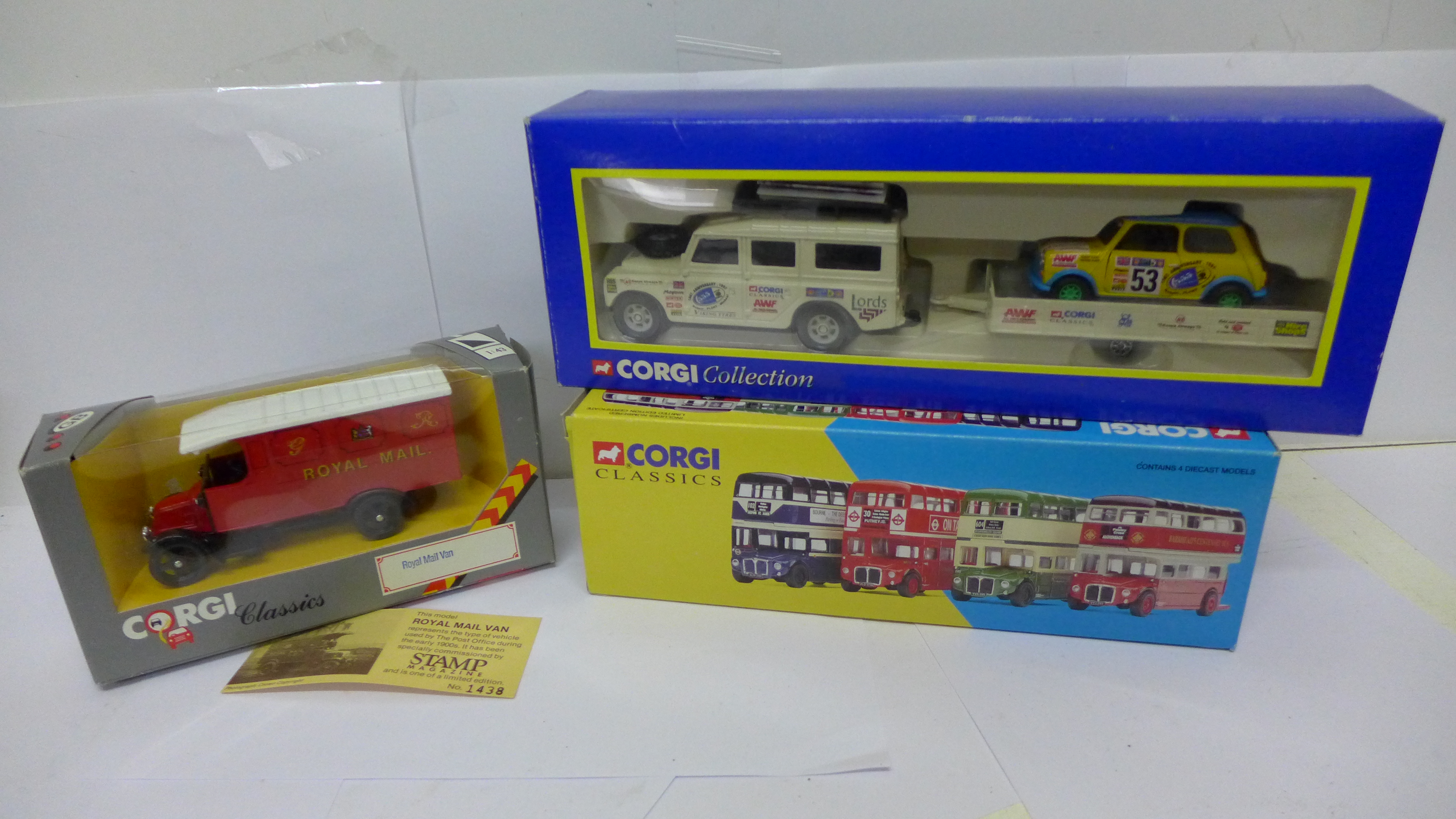 Corgi model vehicles; Landrover, Trailer and Mini Safari Rally,