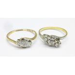 A 9ct gold and diamond ring, 1.5g, O and a yellow metal three stone ring, 2.