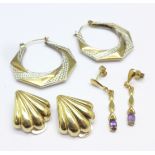 Three pairs of yellow metal earrings, 4.