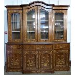 A large mahogany and marquetry inlaid breakfront secretaire library bookcase