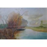 Leon Chierad, river scene, oil on canvas, 32 x 48cms,