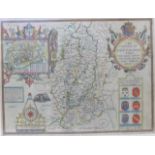 A 17th Century John Speed hand coloured engraved map, The Countie of Nottingham, 39 x 52cms,