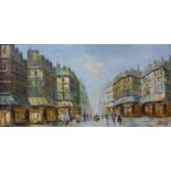 A Parisian street scene, oil on canvas, 37 x 75cms,