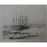 Drypoint etching, signed Eugene Besot, born 1867, boats in harbour, St.