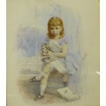 An early 20th Century overpainted print on porcelain, portrait of a girl and doll, 40 x 33cms,