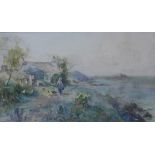 Joseph Hughes Clayton, coastal landscape with cottage and figure, watercolour, 29 x 50cms,