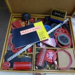 A large collection of Meccano in a wooden two layer box, with E020 and E20R electric motors,