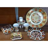 A collection of six Royal Crown Derby 1128 Imari china and a Burtondale plate