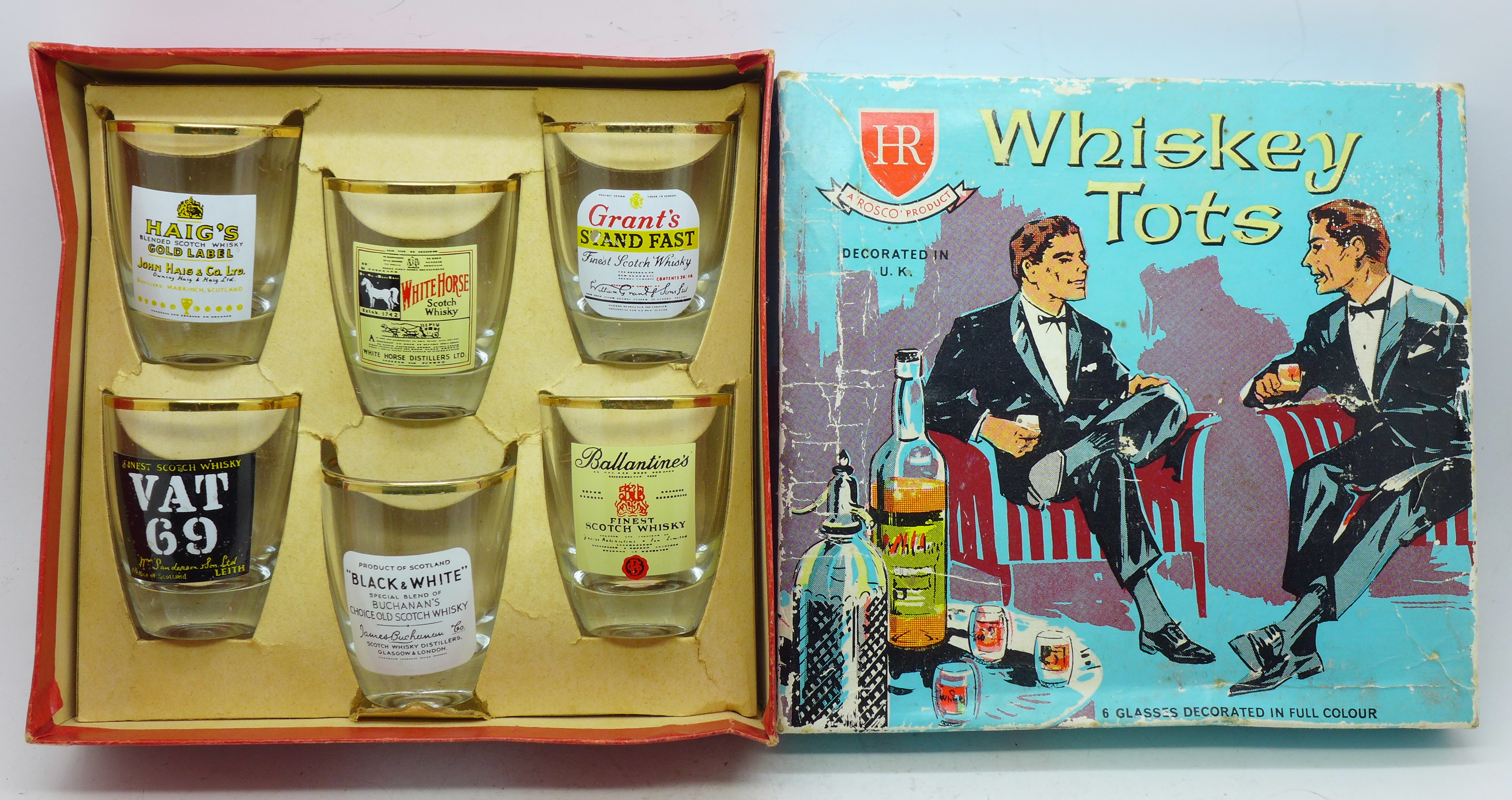 A set of six advertising whisky tots including Grants, VAT 69,