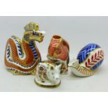 Four Royal Crown Derby paperweights including dragon