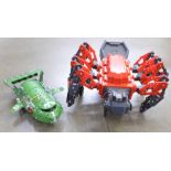 Two Meccano models, Thunderbird 2 in metal and a plastic spider (spider a/f,