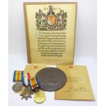 A death plaque and set of three WWI medals and scroll awarded to 732 Pte.