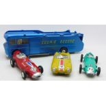 A Corgi Major Toys Ecurie Ecosse racing car transporter and three racing cars including Lotus mark