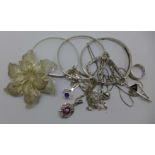 Silver jewellery including a filigree brooch