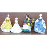 Three Royal Doulton figures including The Old Balloon Seller and a Coalport figure,