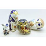 Four Royal Crown Derby paperweights including platypus