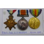 WWI Mons Star trio to 23601 Pnr. C.T. Norton R.E., War Medal and Victory Medal marked T.2.Cpl.