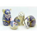 Four Royal Crown Derby paperweights including koala