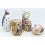 Four Royal Crown Derby paperweights including penguin