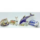 Four Royal Crown Derby paperweights including dolphin