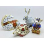 Four Royal Crown Derby paperweights including hare