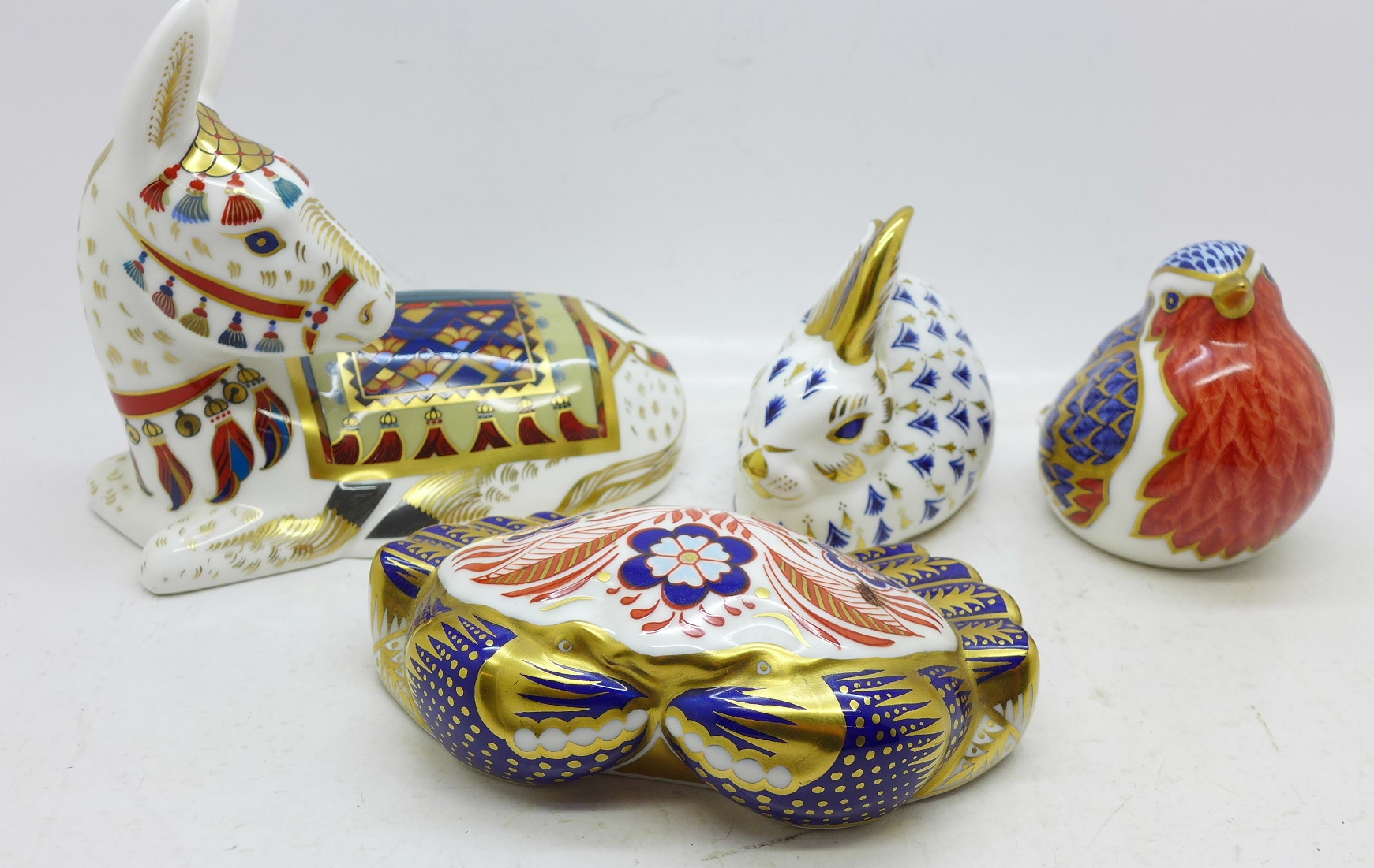 Four Royal Crown Derby paperweights including crab