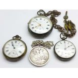 Three silver pocket watches and a silver mounted 1890 crown pendant and chain