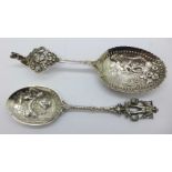 A large Dutch silver spoon with import hallmark in the bowl, a/f, fine crack (weak) at the centre,