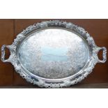 A silver plate on copper two handled tray