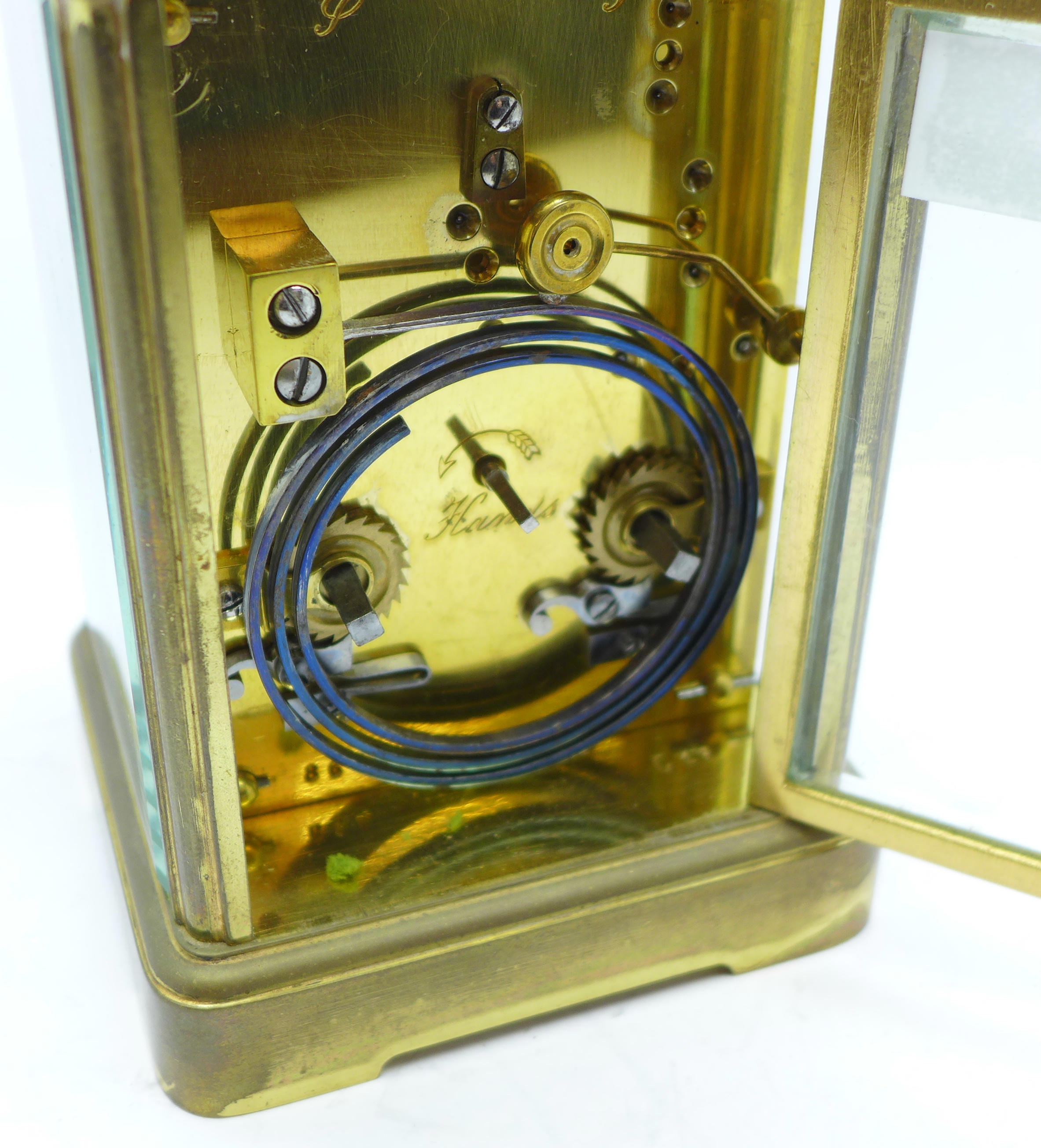 A John Simmons of Cheltenham brass and four glass sided carriage clock, 14. - Image 4 of 7