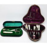 Two sewing sets, one with a Victorian silver thimble,