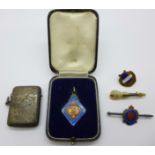 A silver vesta case, a silver medallion, enamel a/f,