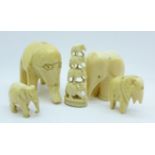 Five carved ivory elephant figures