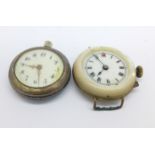 Two watches, a lady's mother of pearl wristwatch, lacking glass,