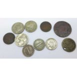 Ten American silver coins including silver,