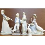 Five Lladro figures, lady with chicken and boy,