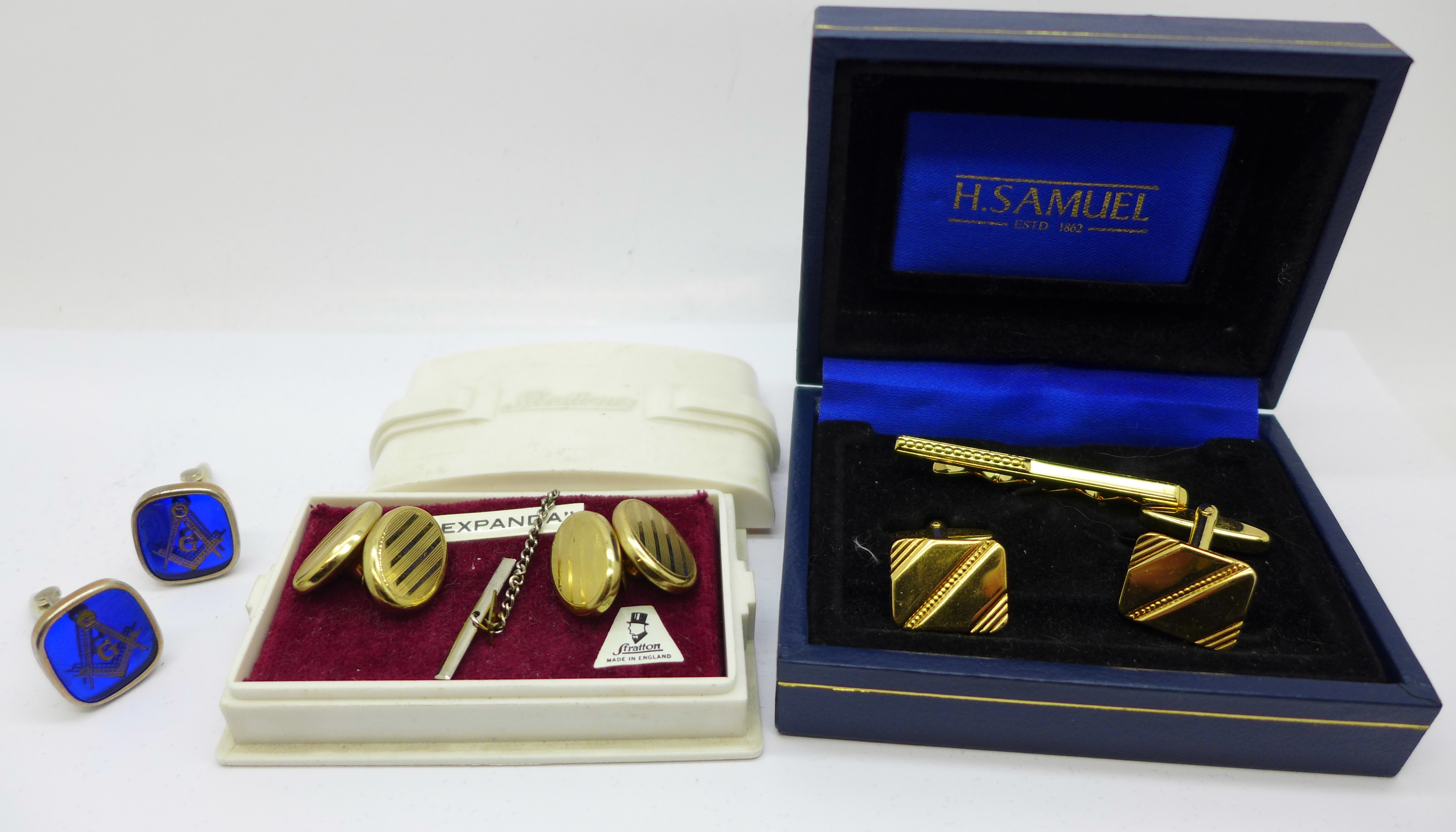 A pair of Stratton 'Expanda' cufflinks in original box and two other pairs of cufflinks