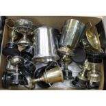 A box of plated trophies, boxing related, including two plaques and a medal,