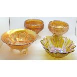 Four items of carnival glass