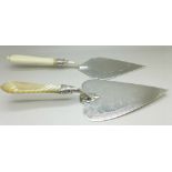 A Victorian silver and mother of pearl commemorative trowel and one other in silver plate and ivory