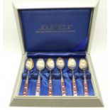 A cased set of six white metal and cloissone spoons by Jouir Fleur