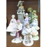 Three Royal Worcester figures, a Coalport figure and four other figures,