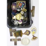 Badges and Masonic items including two silver fobs and three silver 'T' jewel mounts