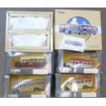 Five Corgi die-cast model vehicles including 97053 Burlingham Seagull,