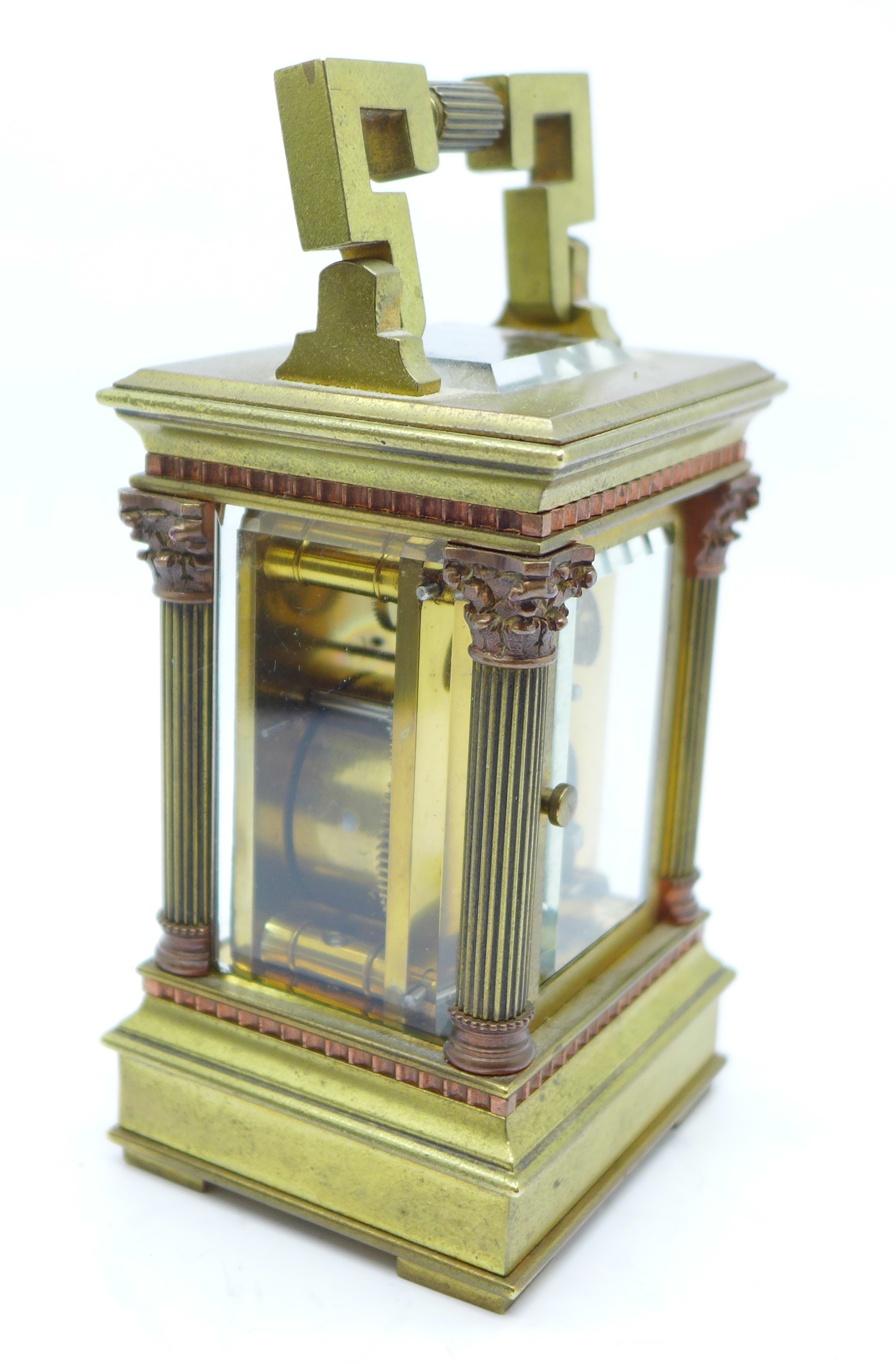 A miniature French brass carriage clock with four Corinthian columns, in brown Morocco leather case, - Image 3 of 9