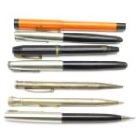 Three Parker pens, a sterling silver Yard-O-Led pencil, a The 'Red Wing' Pen with 14ct gold nib,
