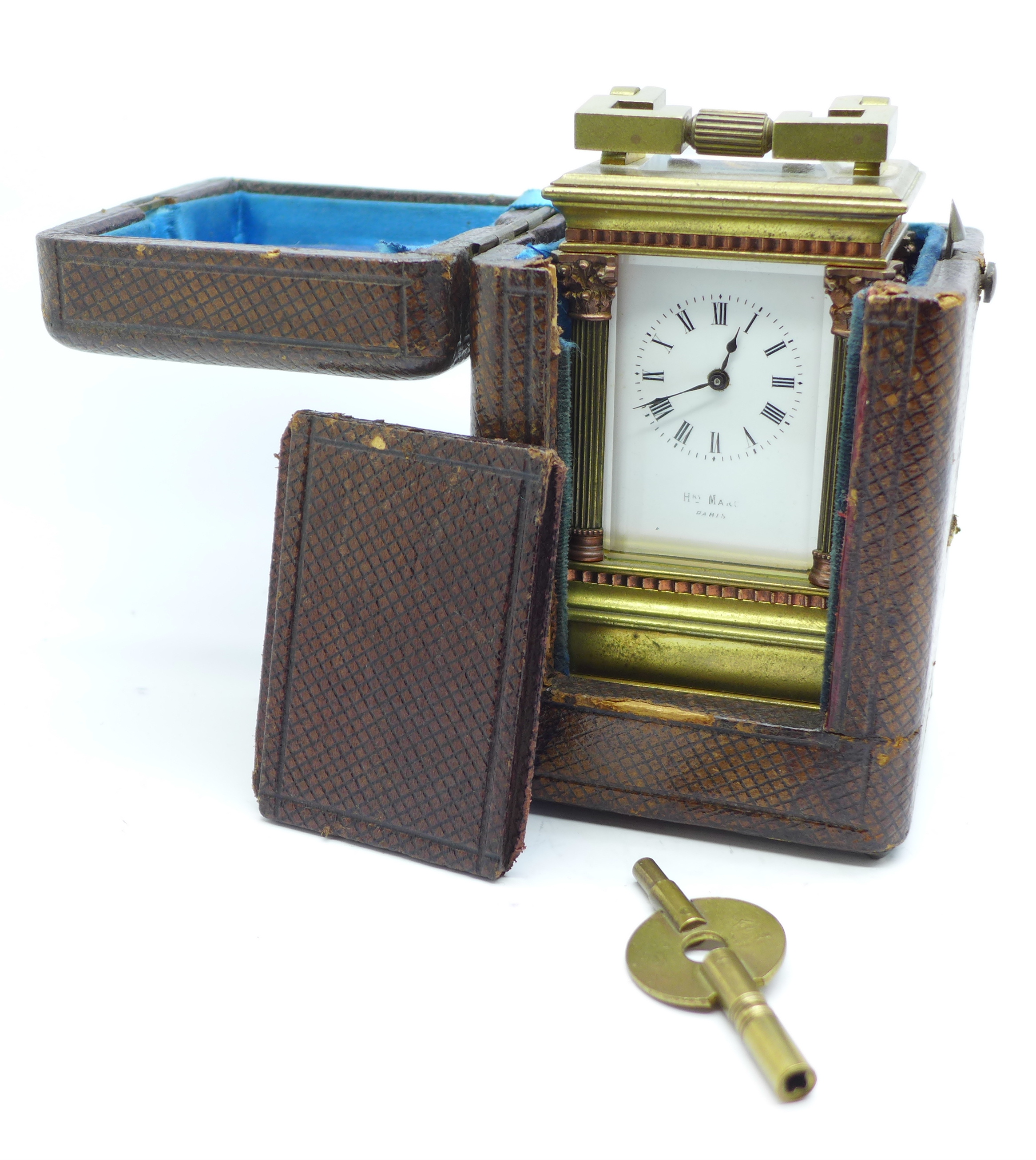 A miniature French brass carriage clock with four Corinthian columns, in brown Morocco leather case, - Image 6 of 9