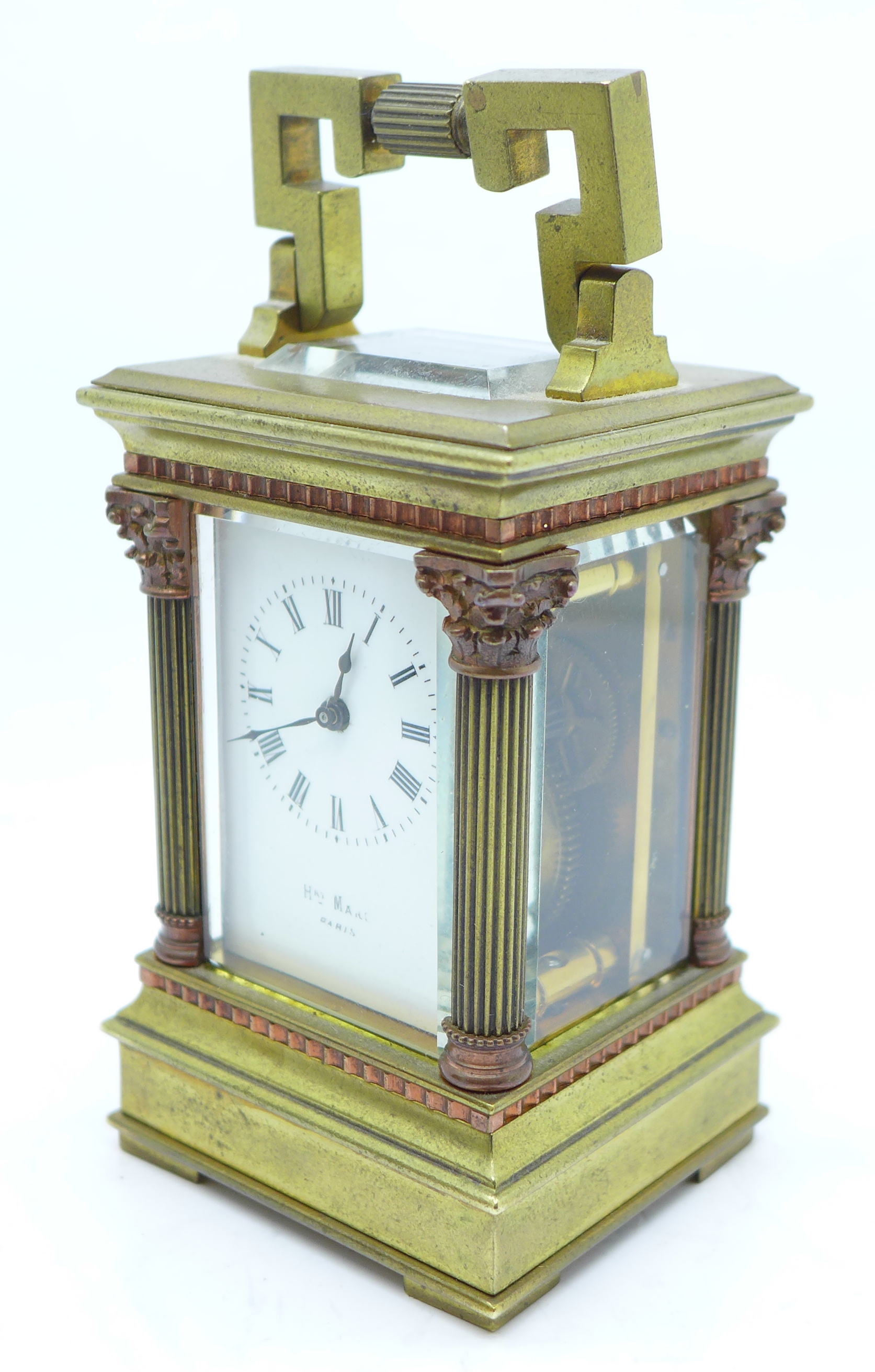 A miniature French brass carriage clock with four Corinthian columns, in brown Morocco leather case, - Image 2 of 9