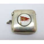 A silver vesta case with enamel flag plaque, Birmingham 1904,