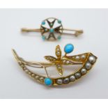 A 15ct gold brooch and a 9ct gold brooch, both set with turquoise and pearl, (3.4g and 1.
